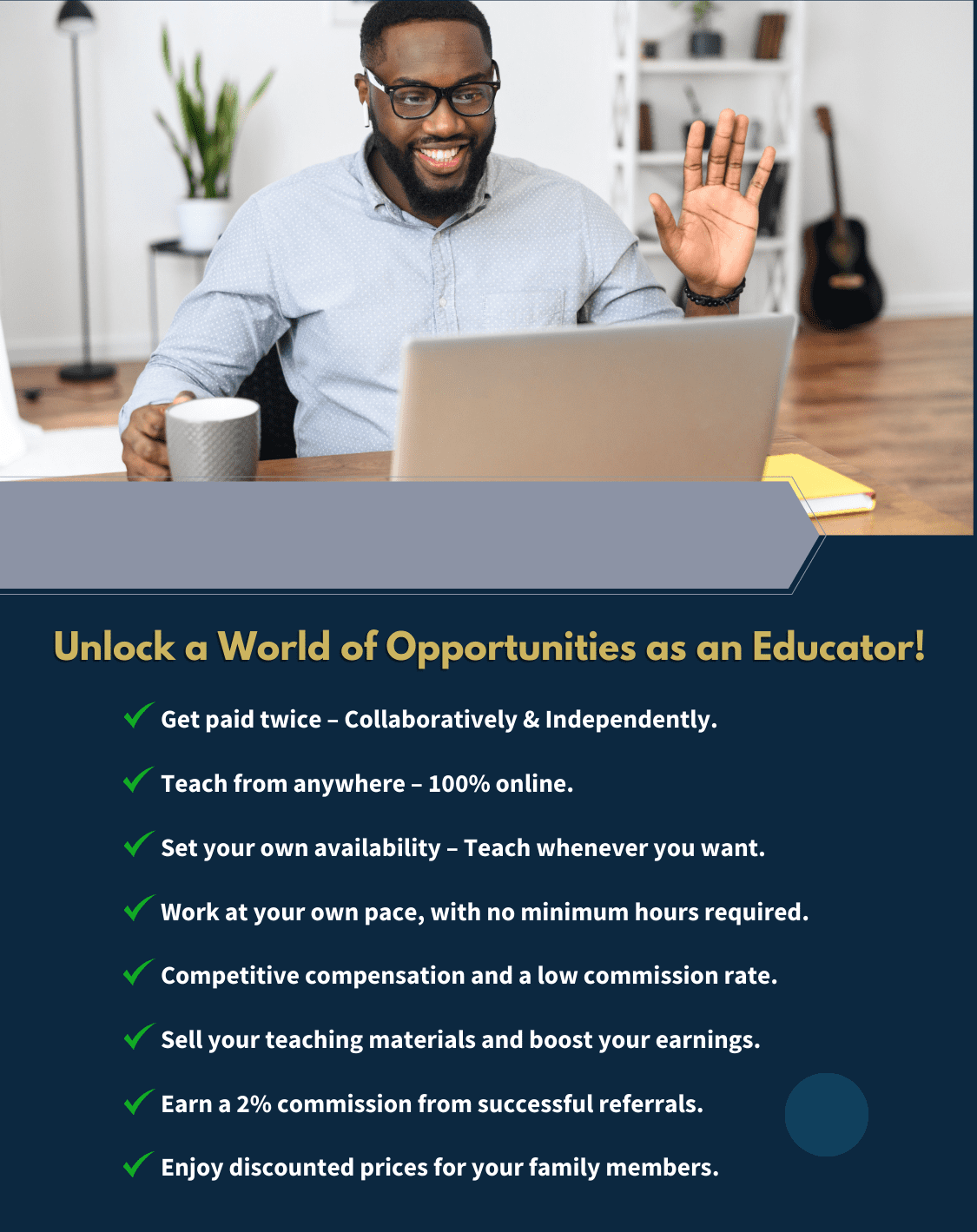 Become an educator - Teach students online and maximize your income with Eloquacy’s various earning options. Work at your own pace, whenever you want, and wherever you are.