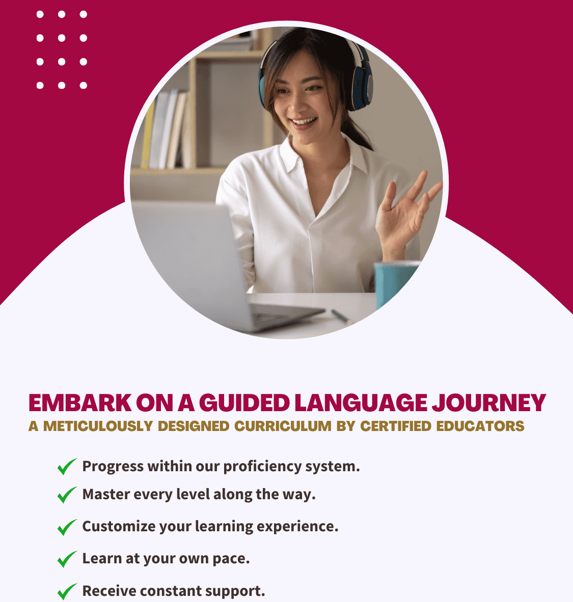 Explore Eloquacy's guided curriculum. Progress systematically in group or 1-on-1 classes. Choose conversational, educational, or all-in-one options