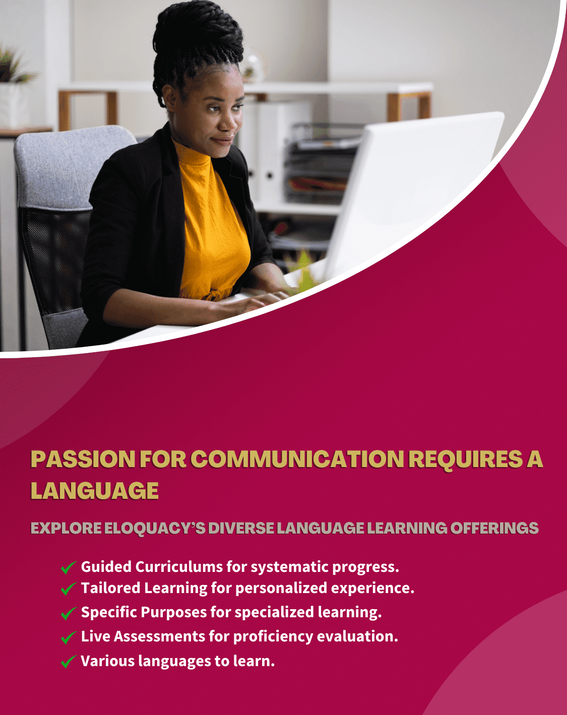 Eloquacy's offerings - Join guided curriculums. Tailored your learning to your needs. Explore specialized solutions. Undergo a live assessment. Learn various languages.