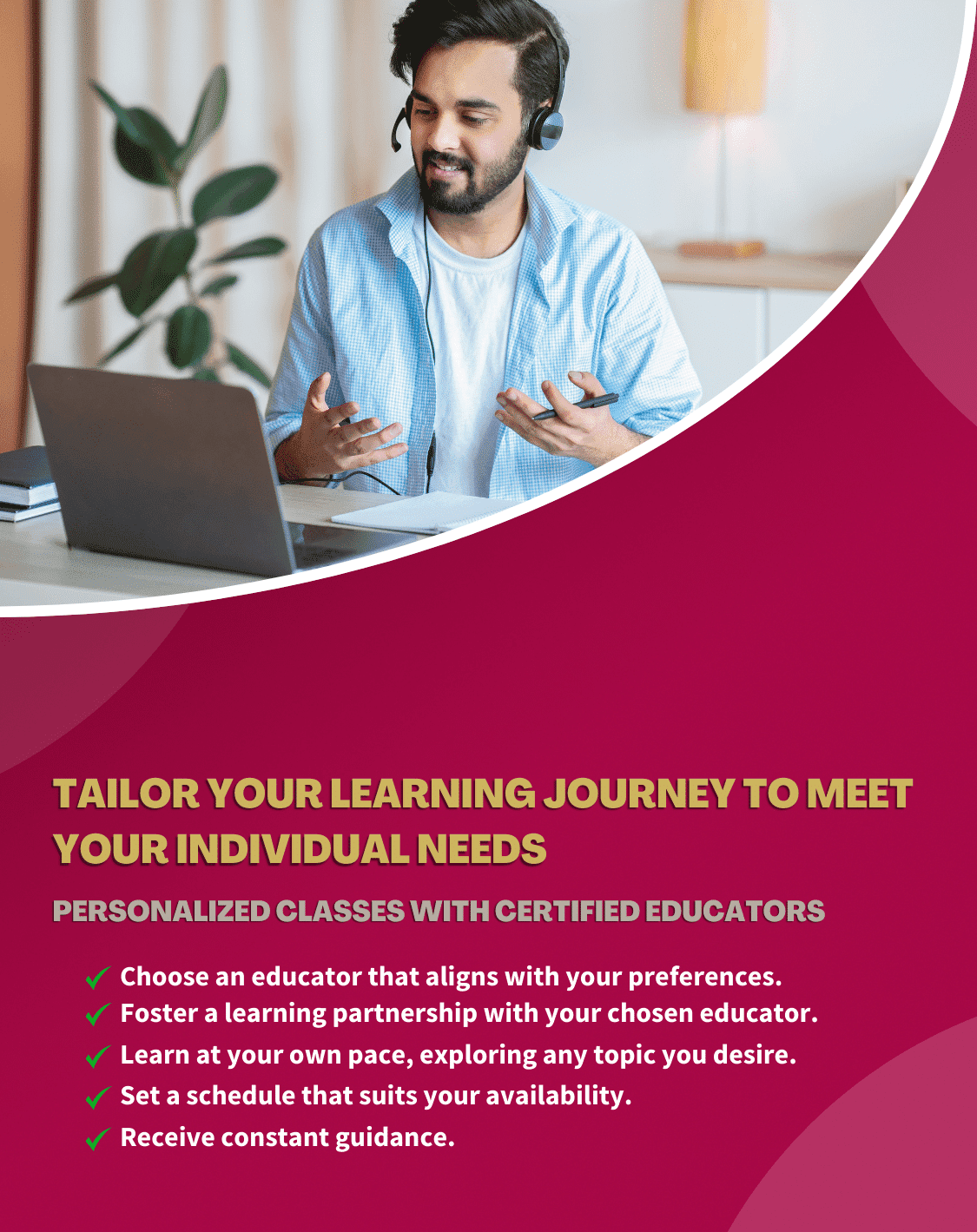 Explore Eloquacy's tailored learning. Find an educator that resonates with your preferences. Set a schedule that suits your availability. Learn anything you desire at your own pace.